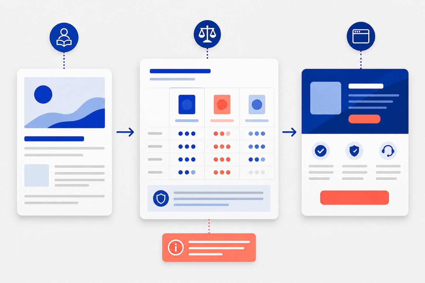 A reader, comparison page and operator website connected by arrows