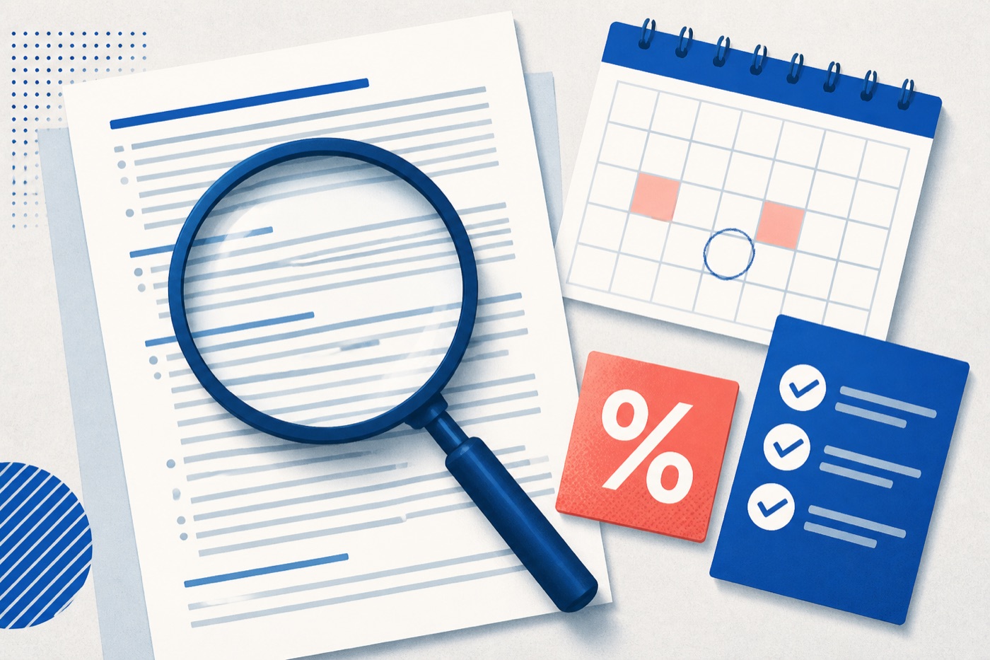 A magnifying glass over terms beside a calendar and percentage symbol