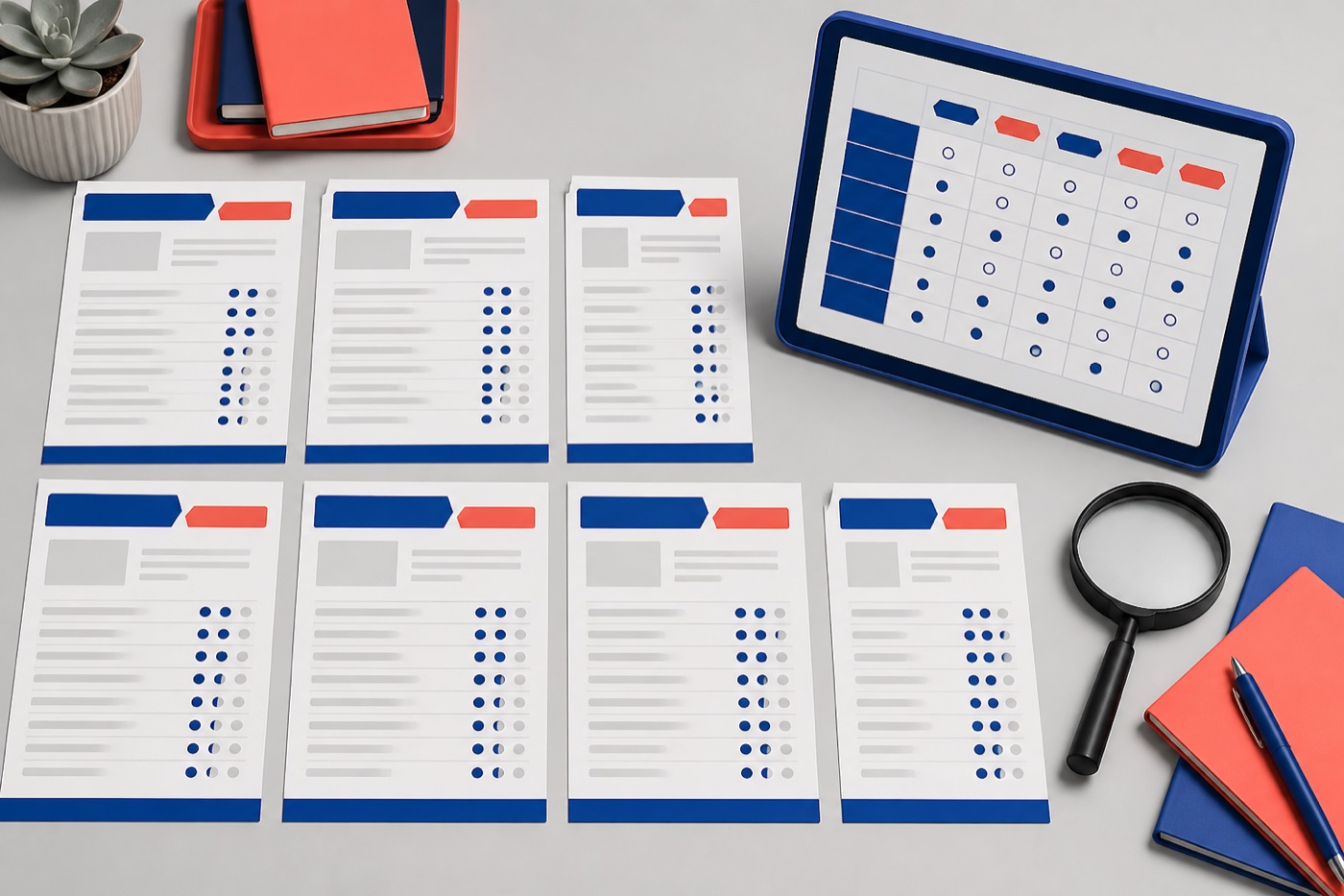 Independent score sheets beside a comparison matrix
