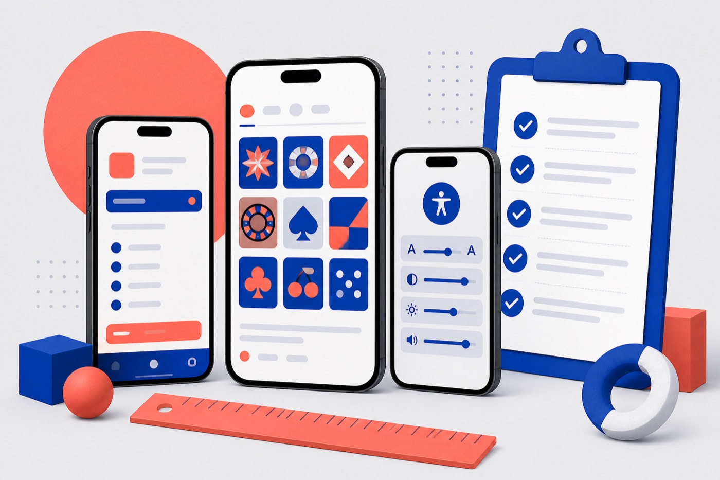 Three mobile devices and a checklist used for app assessment