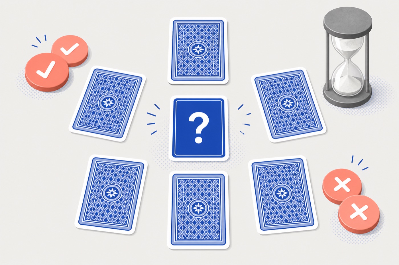 Question card surrounded by playing cards and answer tokens