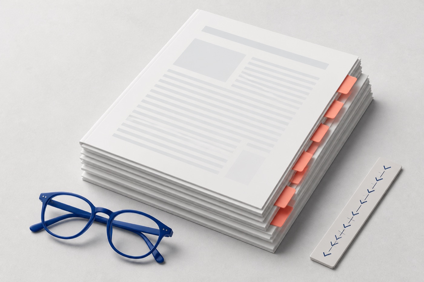 Policy pages with reading glasses and section tabs